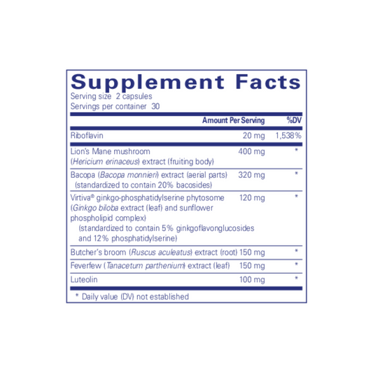 Supplement facts label for Pure Encapsulations Brain Reset detailing ingredients for cognitive support, mental clarity, and brain health.