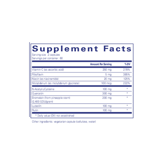 Supplement facts label for Pure Encapsulations Hist Reset detailing ingredients and dosage for histamine balance and immune system support.