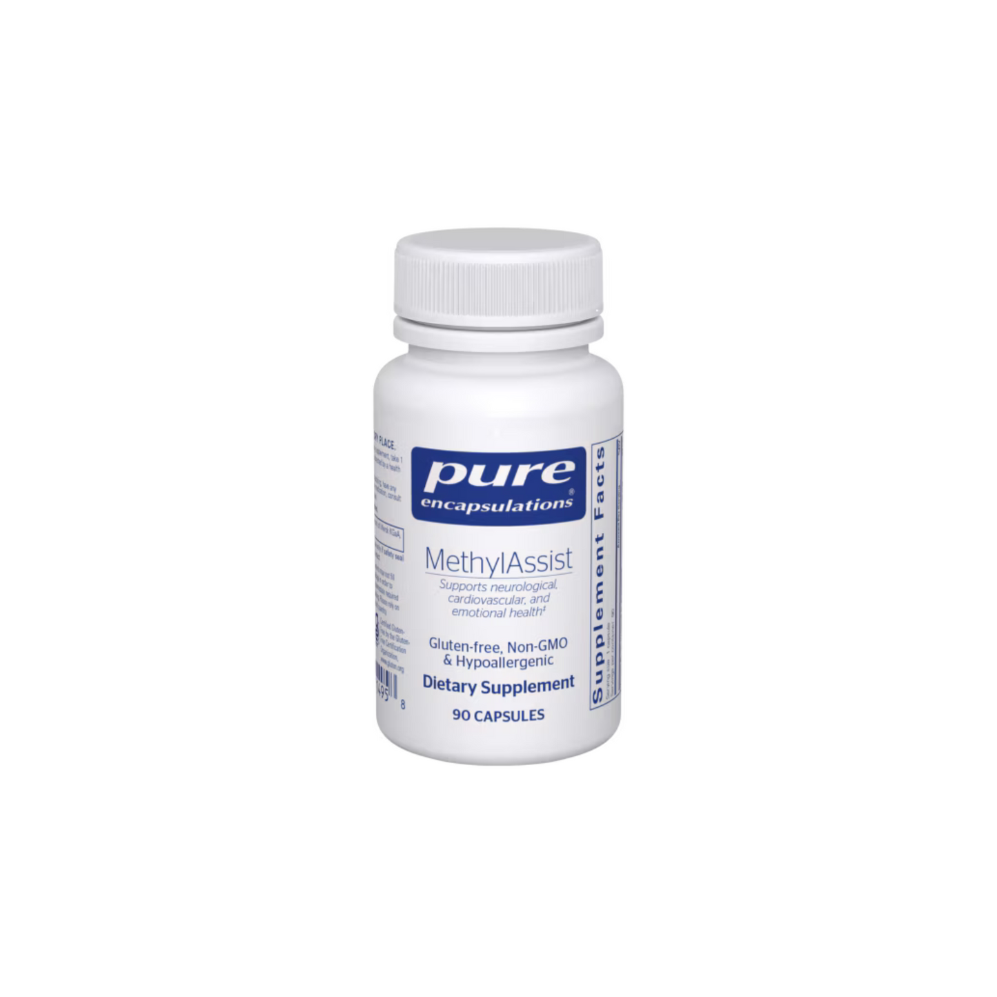 Pure Encapsulations MethylAssist supplement bottle with active B vitamins for methylation and cardiovascular support.