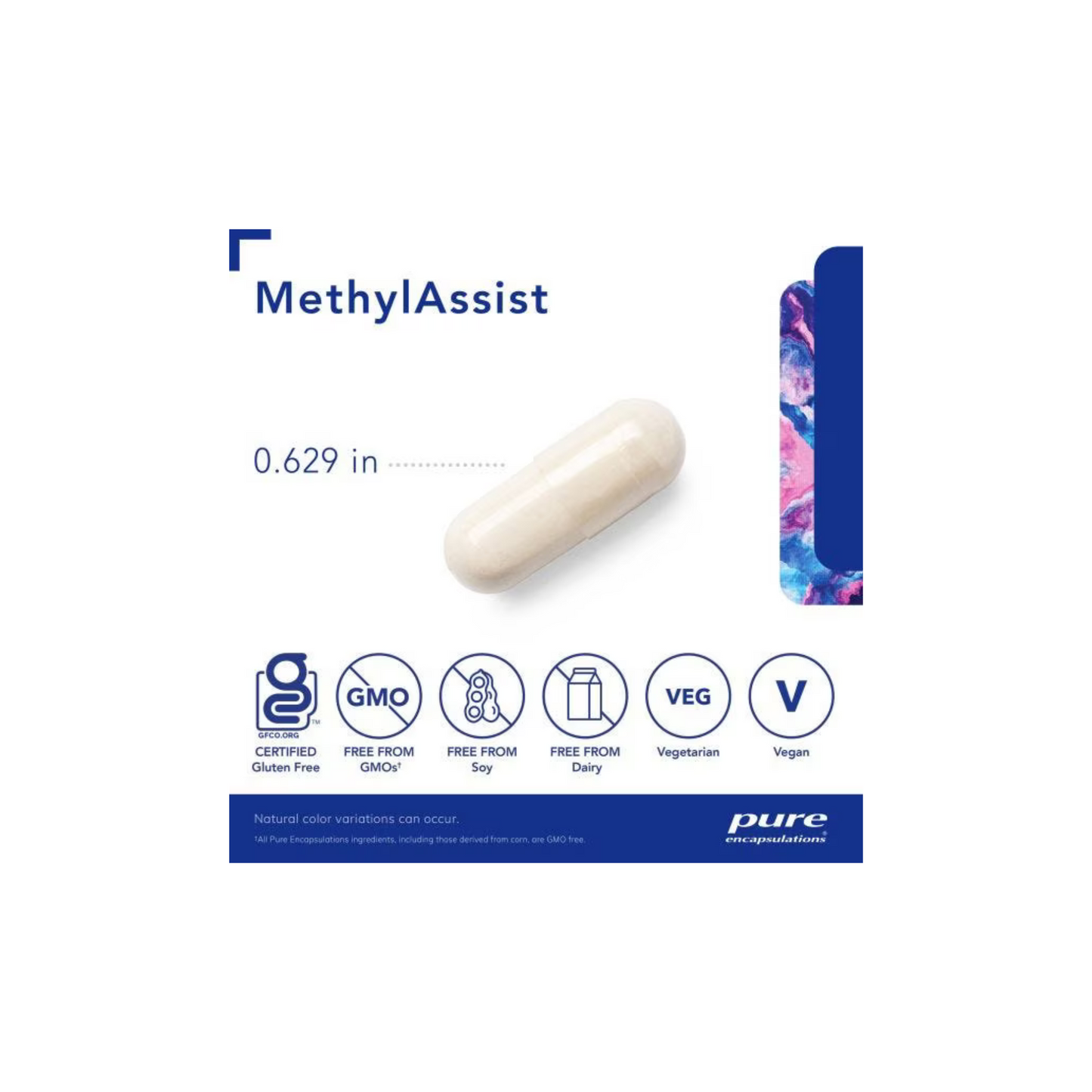 Pure Encapsulations MethylAssist capsule shown with 0.629 inch size for easy swallowing.