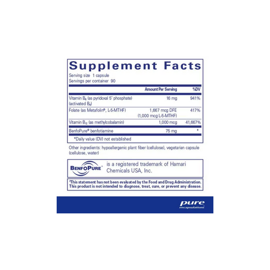 Supplement facts for Pure Encapsulations MethylAssist highlighting active B vitamin content and methylation support ingredients.