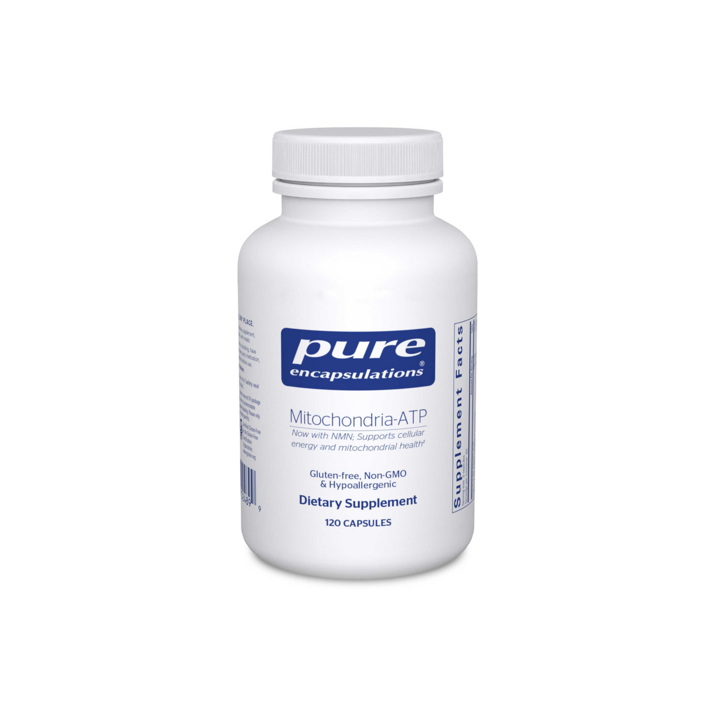Front view of Pure Encapsulations Mitochondrial-ATP supplement bottle for mitochondrial health and cellular energy support.