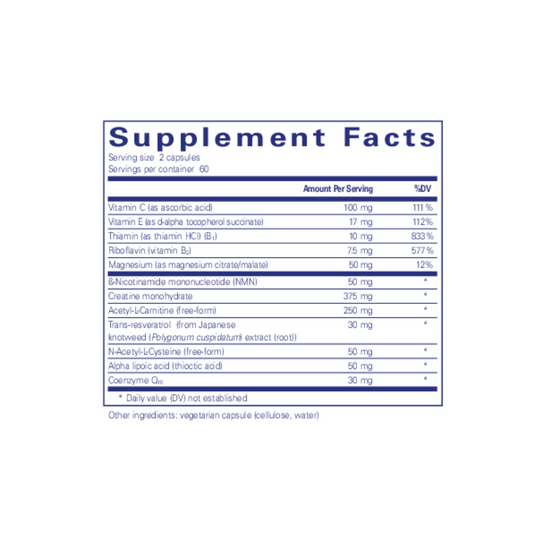 Supplement facts for Pure Encapsulations Mitochondrial-ATP, showing ingredients and dosage for energy, mitochondrial support, and ATP production.