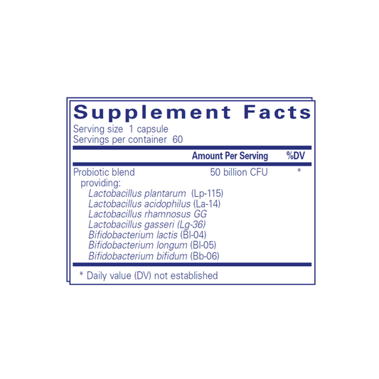 Supplement facts label for Pure Encapsulations Probiotic 50B detailing 50 billion CFU, probiotic strains, and digestive and immune support.