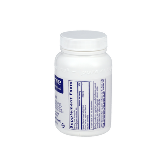 Back label of Pure Encapsulations SAMe supplement bottle showing ingredients and dosage for methylation, mood support, glutathione production, and joint health.