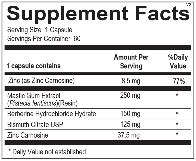 Pyloricil supplement facts label showing berberine, mastic gum, and oregano extract ingredients