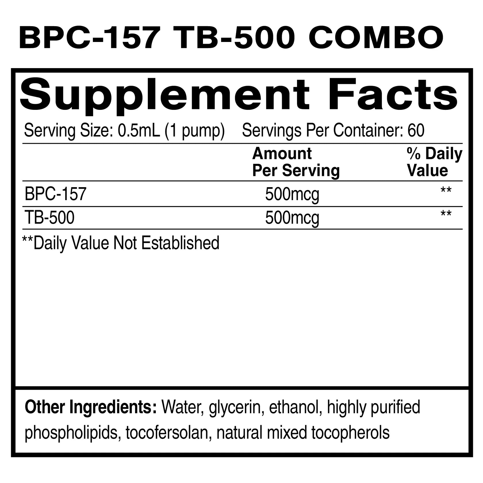 Supplement facts label for BPC-157 TB-500 Combo with serving size, servings per container, and ingredient list.