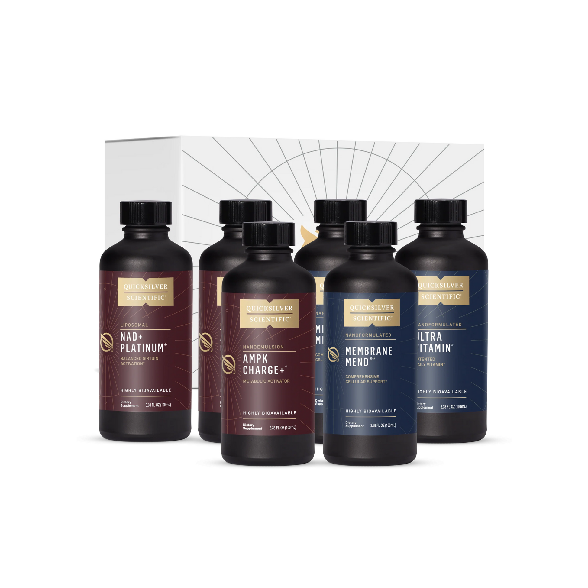 Quicksilver Scientific Bio-Age Elevate Protocol multi-product supplement set supporting mitochondrial health, energy, AMPK activation, NAD+ generation, and healthy aging