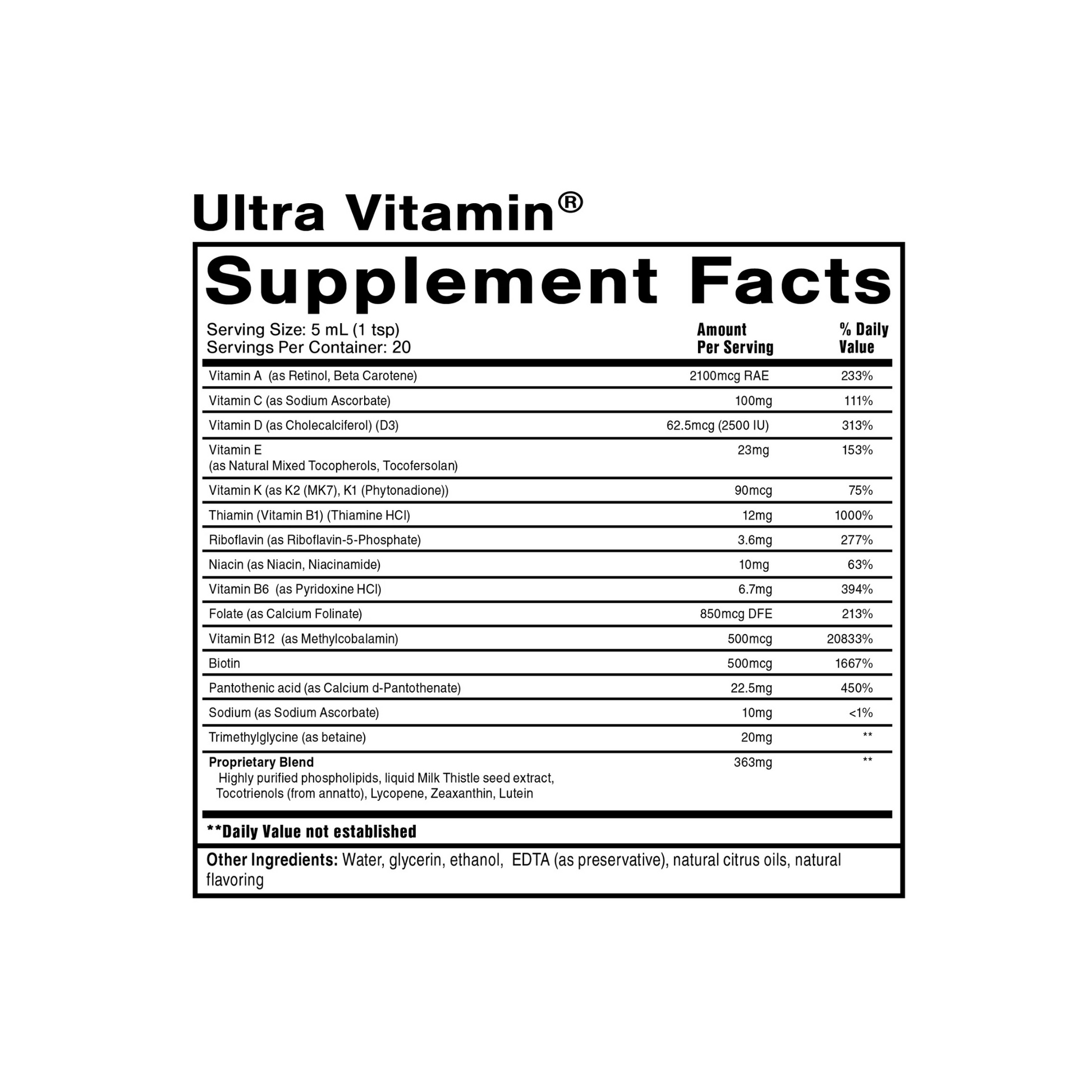Quicksilver Scientific Ultra Vitamin Supplement Facts label showing patented liposomal multivitamin for energy, immunity, and foundational wellness