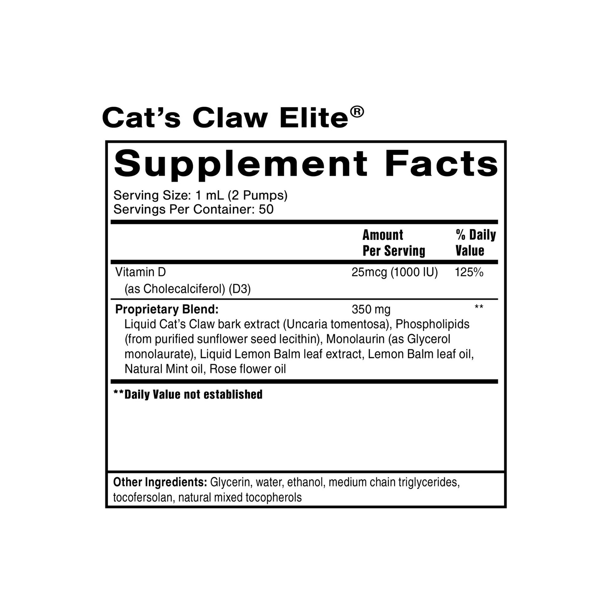 Quicksilver Scientific Cat’s Claw Elite Supplement Facts label showing cat’s claw extract and supportive botanicals for immune health and cellular resilience
