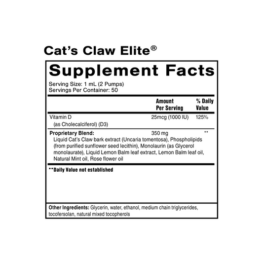Quicksilver Scientific Cat’s Claw Elite Supplement Facts label showing cat’s claw extract and supportive botanicals for immune health and cellular resilience