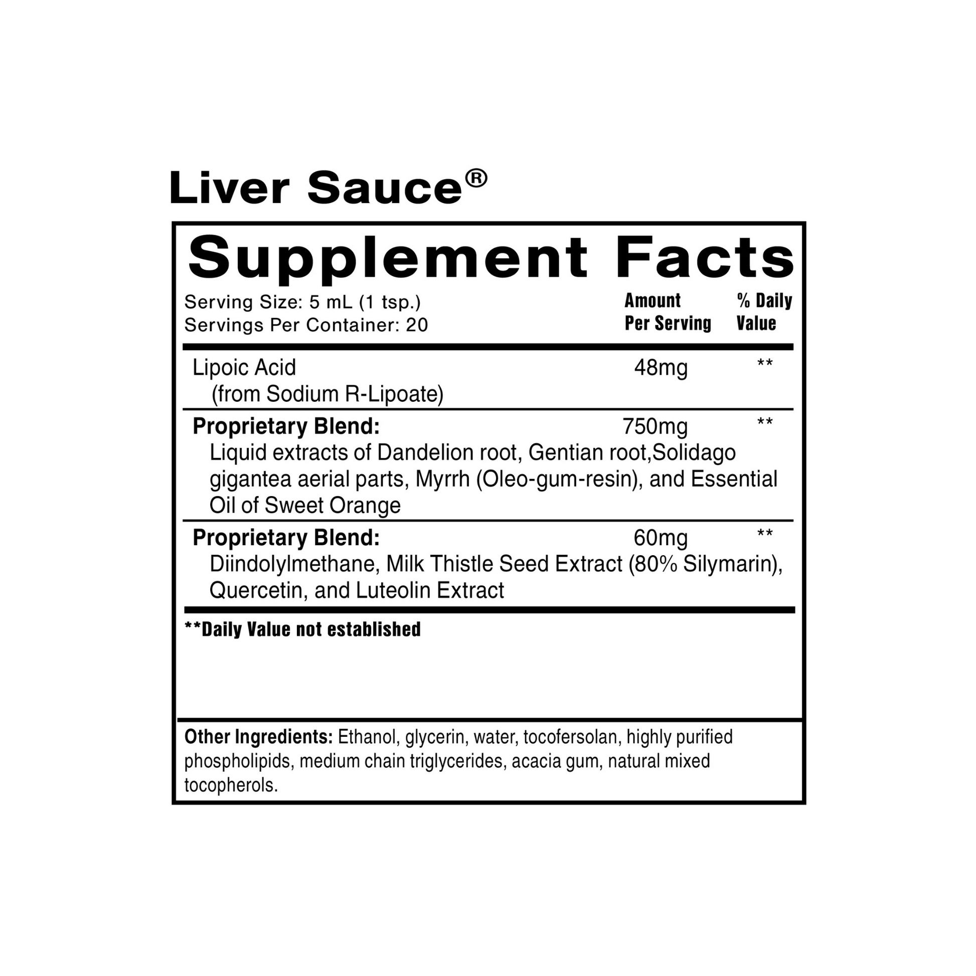 Quicksilver Scientific Liver Sauce supplement facts label showing detox and liver health nutrients