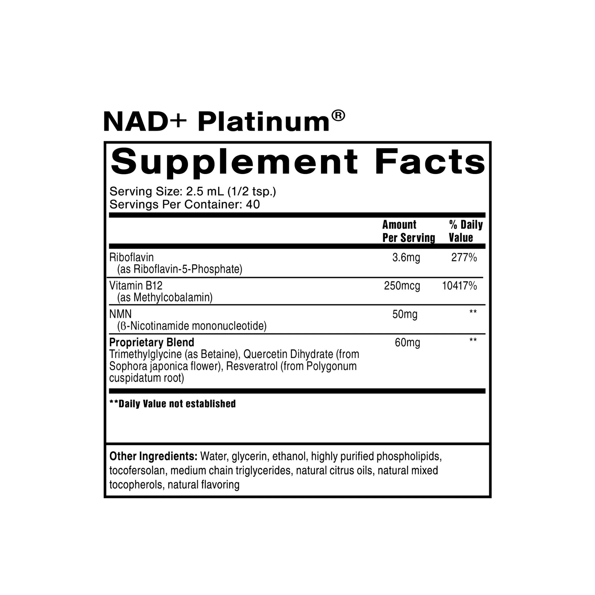 Quicksilver Scientific NAD+ Platinum supplement facts label supporting cellular energy and longevity