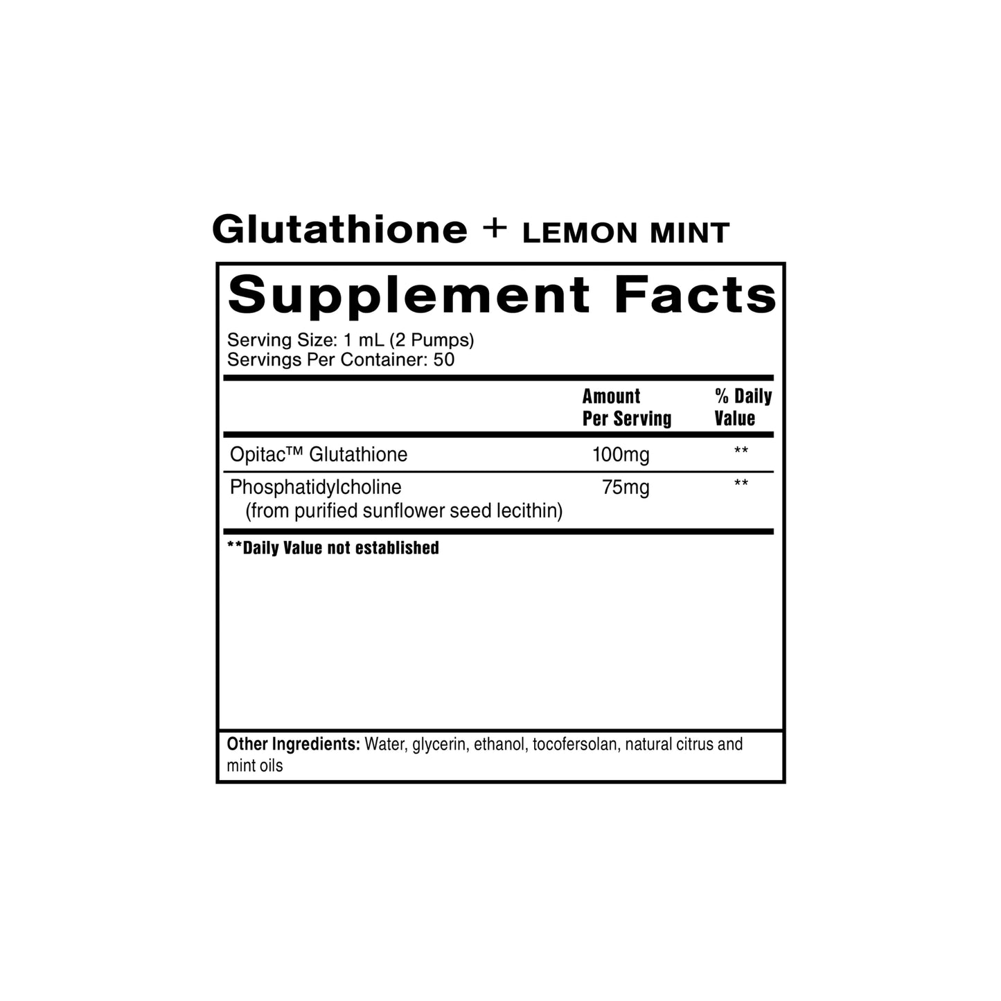 Liposomal glutathione lemon mint supplement facts panel