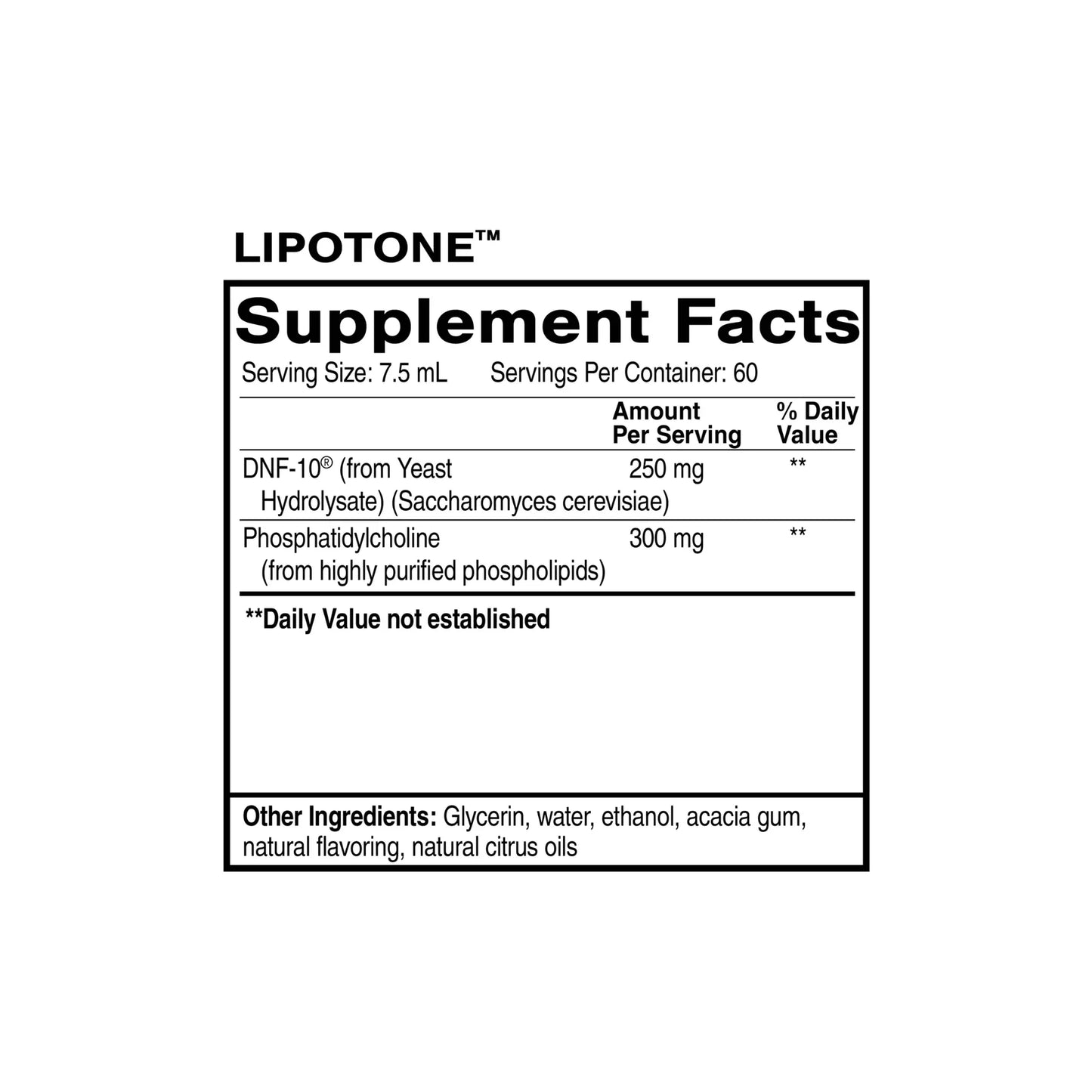 LipoTone supplement facts label highlighting DNF-10 peptide-rich yeast hydrolysate and phosphatidylcholine