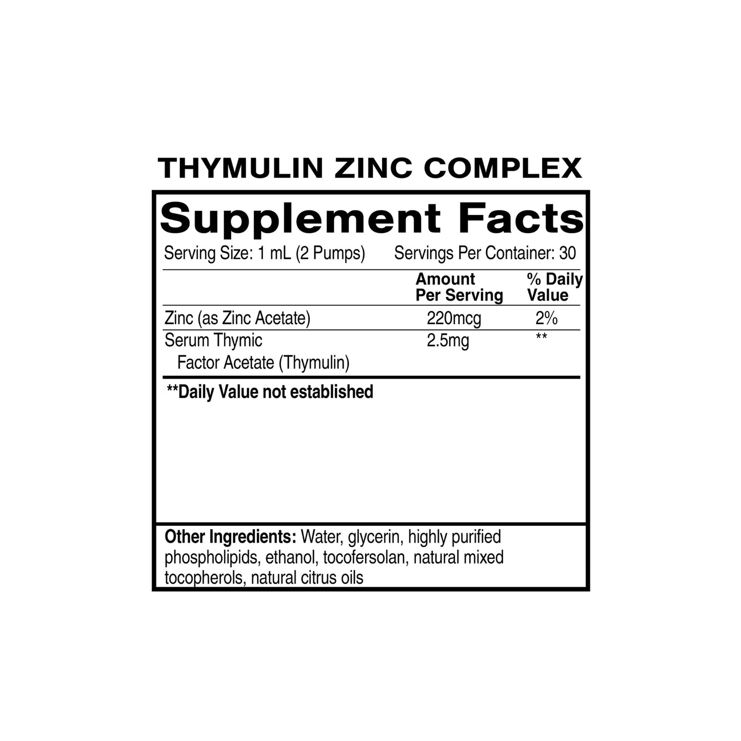 Thymulin Zinc Complex label showing liposomal delivery for bioactive peptides and zinc