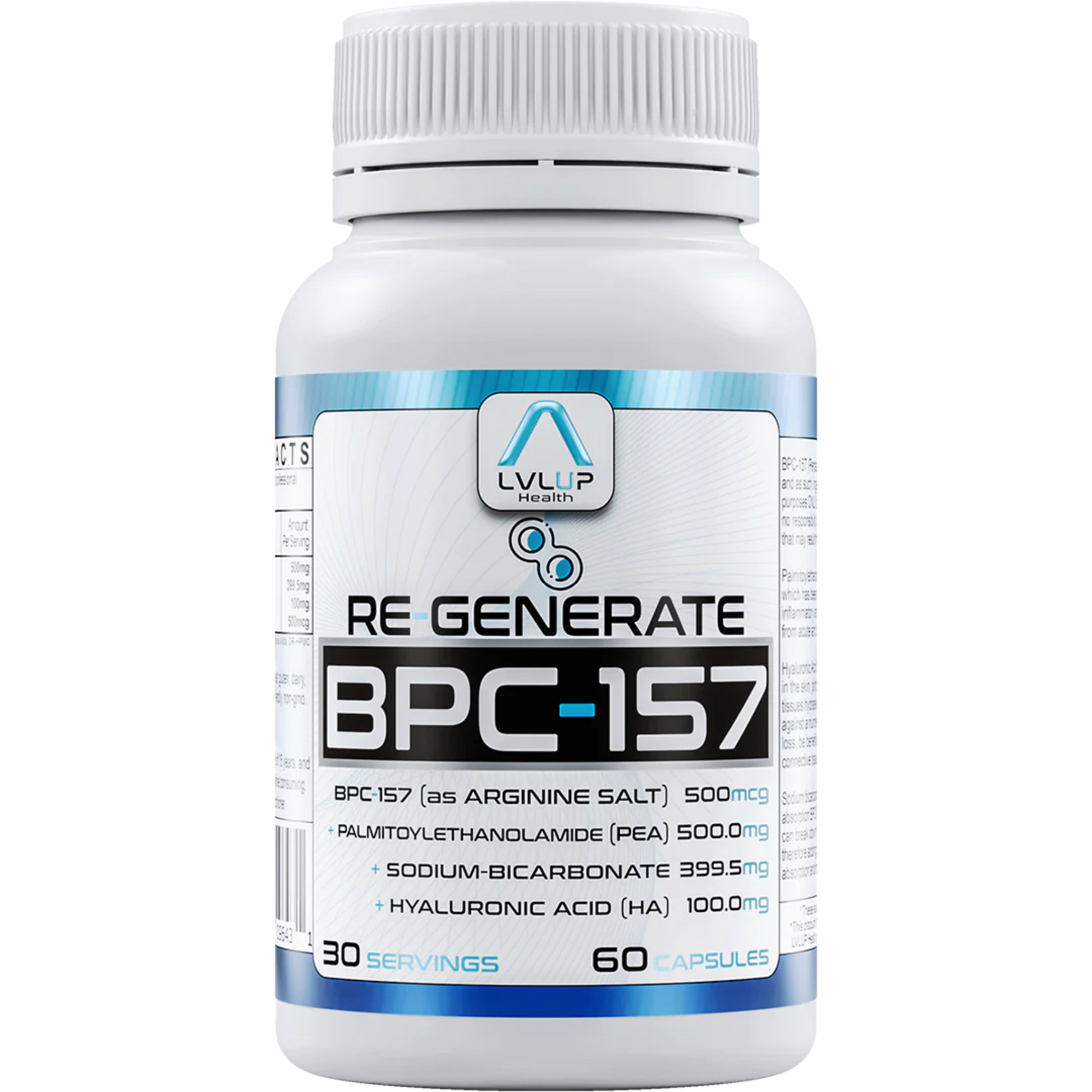Re Generate BPC 157 supplement bottle by LVLUP Health with healing and recovery formula, 60 capsules, 30 servings.