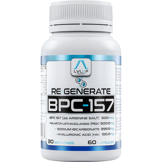 Re Generate BPC 157 supplement bottle by LVLUP Health with healing and recovery formula, 60 capsules, 30 servings.