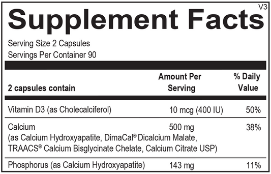 Reacted Calcium supplement facts label showing fully reacted and chelated calcium forms