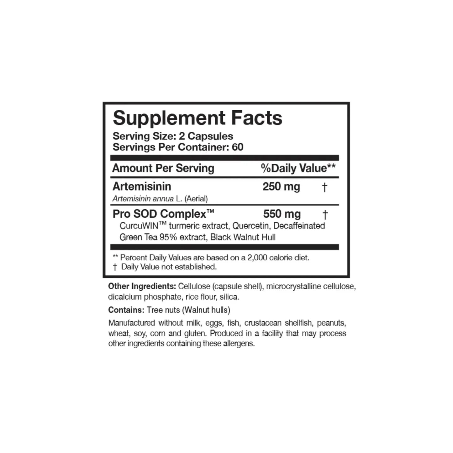 Close up of the Artemisinin SOD label detailing the artemisinin content and the synergistic antioxidant enzyme blend