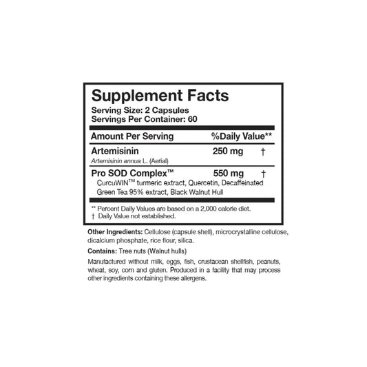 Close up of the Artemisinin SOD label detailing the artemisinin content and the synergistic antioxidant enzyme blend