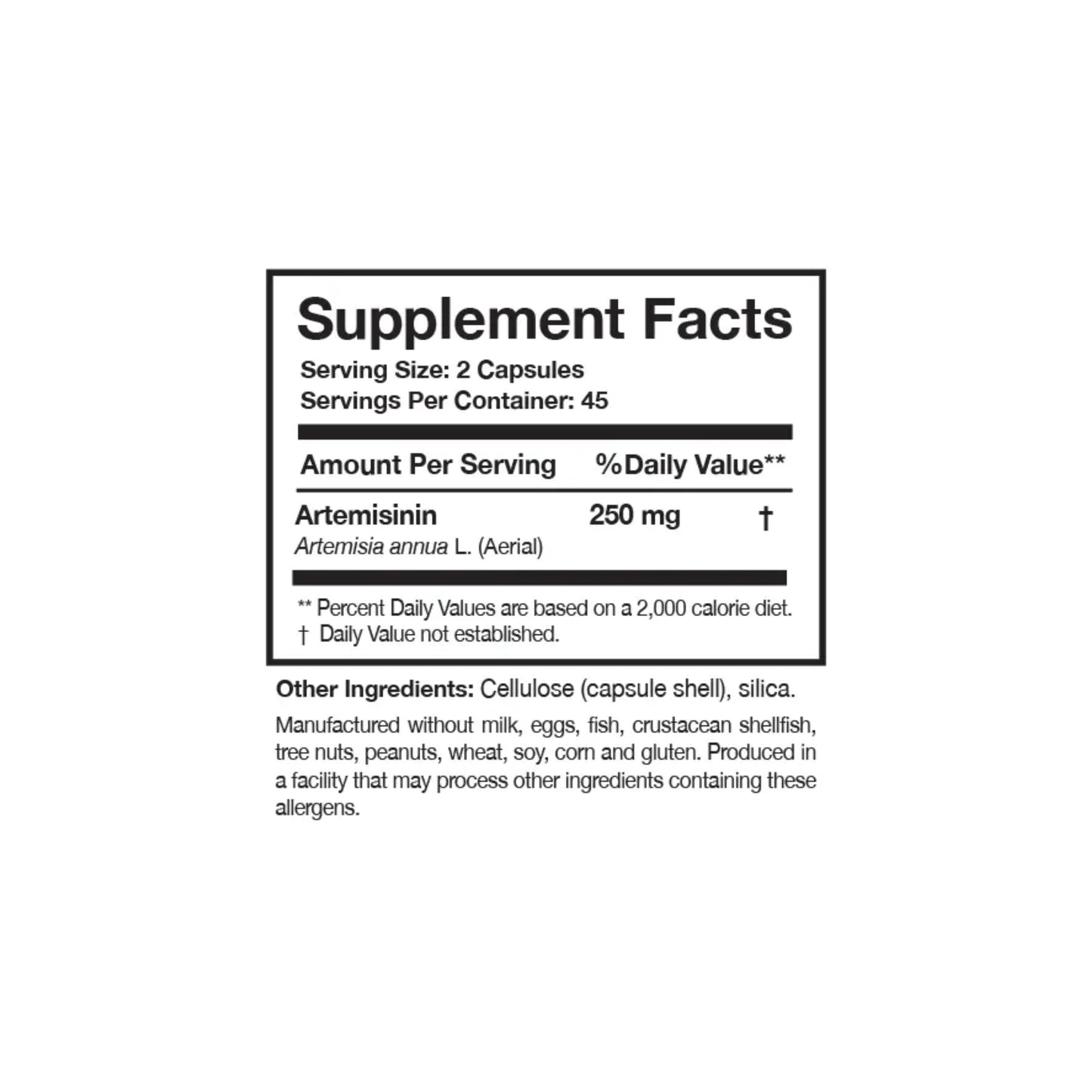 Close up of the Artemisinin Solo supplement facts label detailing the 500mg Artemisia annua extract and nutritional facts