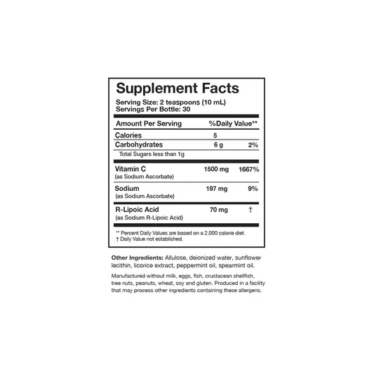 Close up of the C-RLA Original supplement facts label detailing the liposomal delivery system and the combination of Vitamin C and R-Lipoic Acid