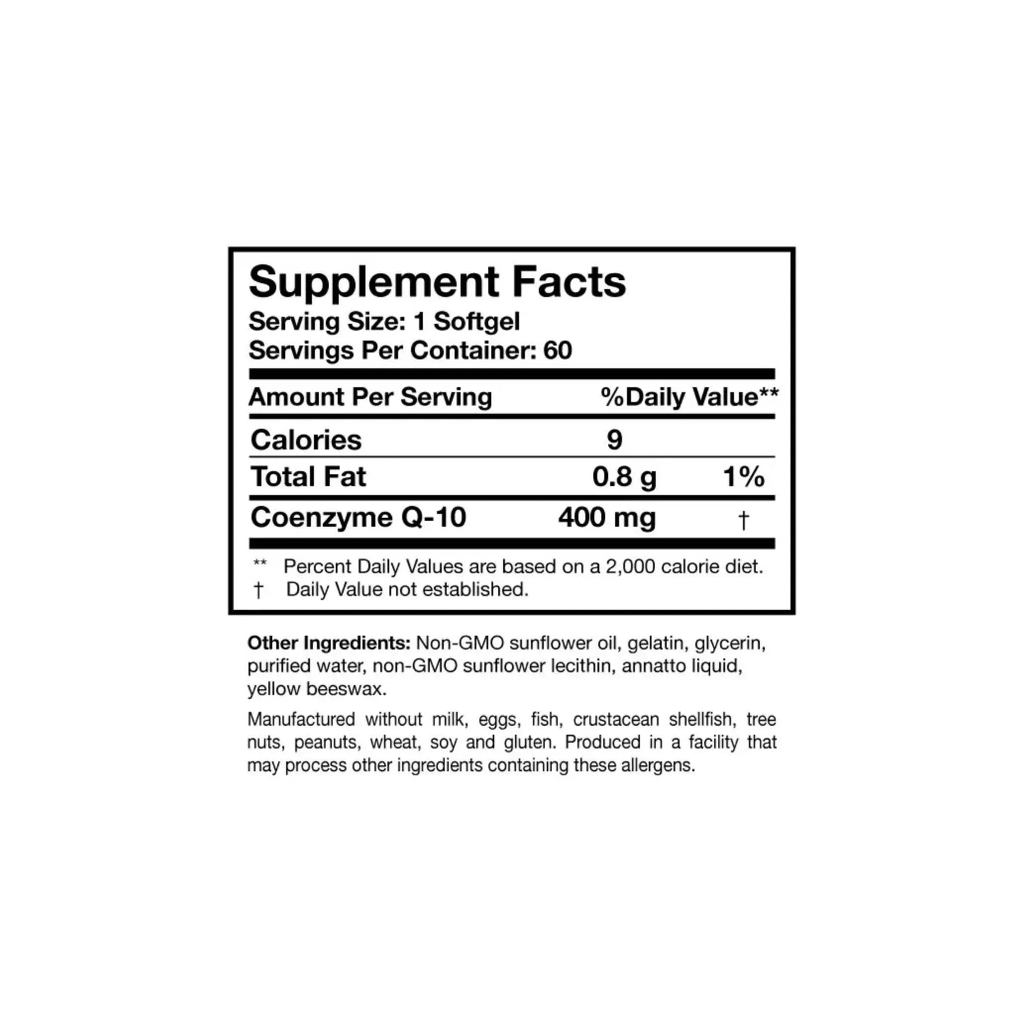 Close up of the CoQ10 Power supplement facts panel detailing the four hundred milligrams of pure fermented ubiquinone per single softgel serving