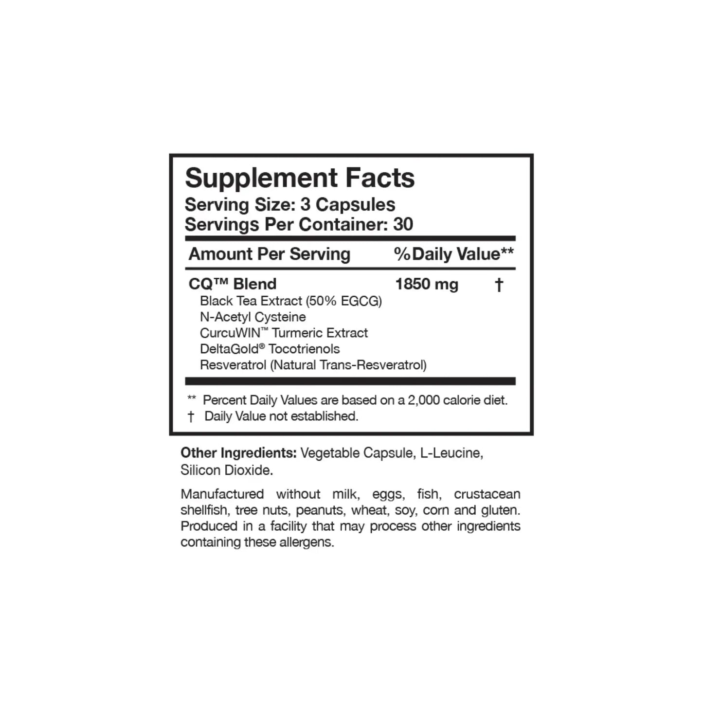 Close up of the CytoQuel supplement facts label detailing the botanical blend including CurcuWIN turmeric extract EGCG and DeltaGold tocotrienols