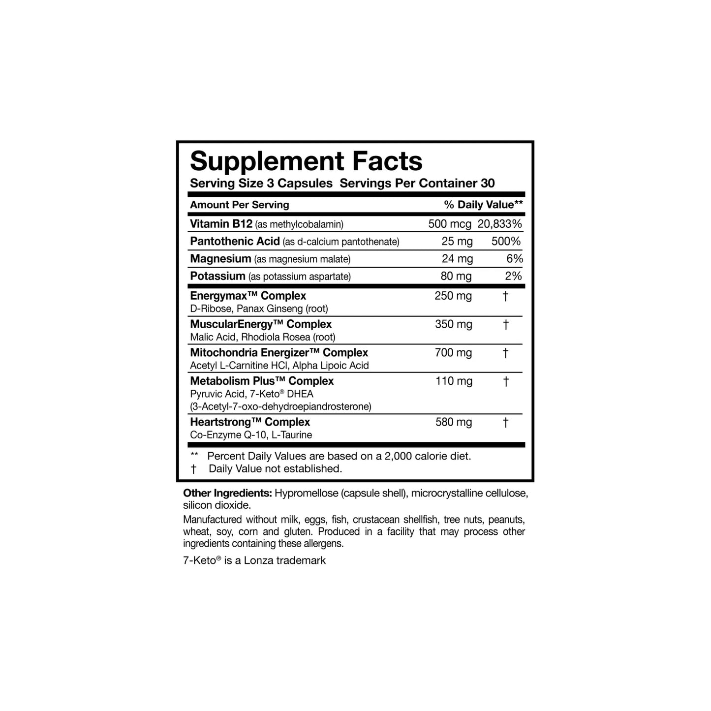 Close up of the Energy Multi Plex label detailing the comprehensive b vitamin profile coenzyme q10 and organic adaptogenic herbal matrix