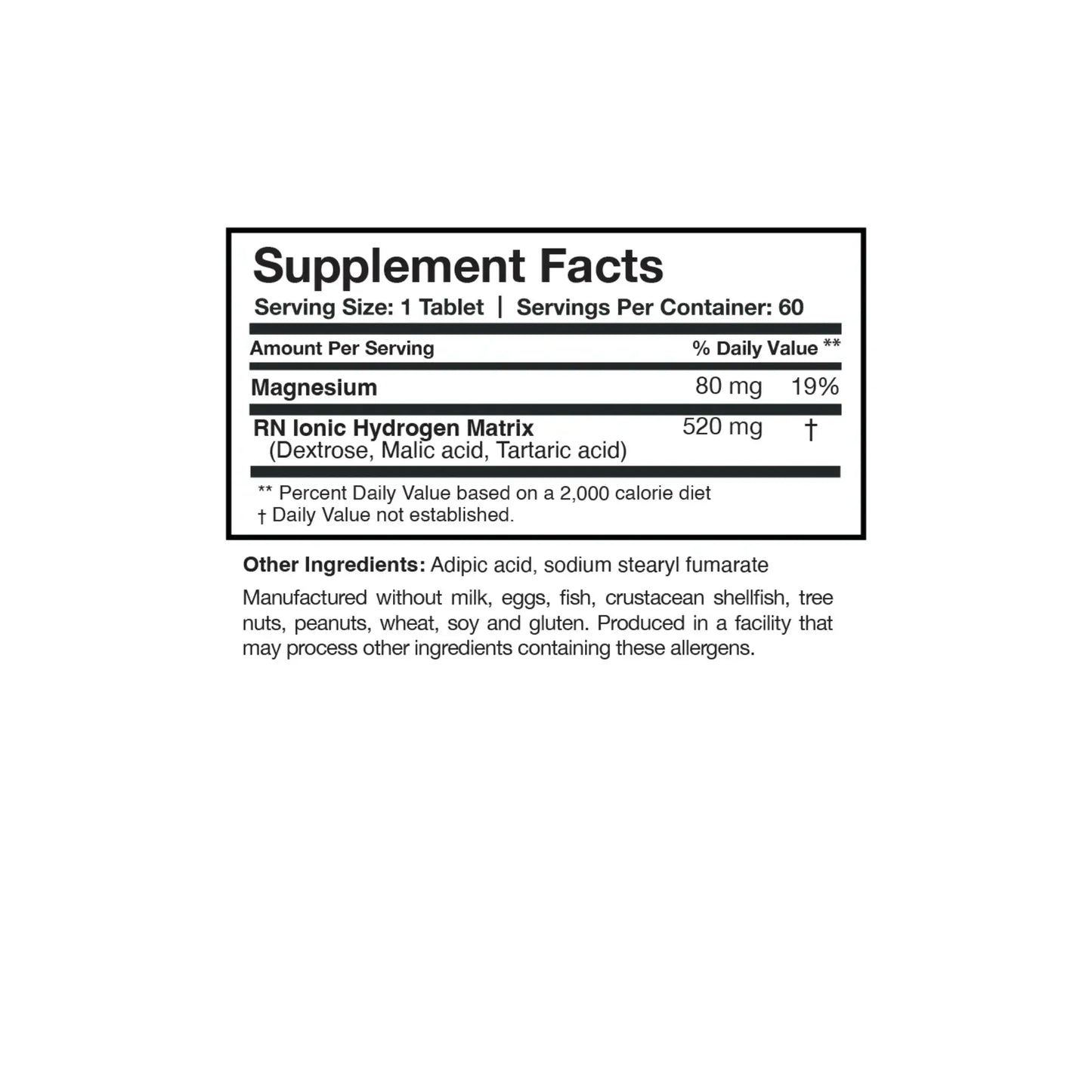Close up of the H2 Absorb supplement facts label detailing the magnesium content and the proprietary hydrogen matrix for cellular support