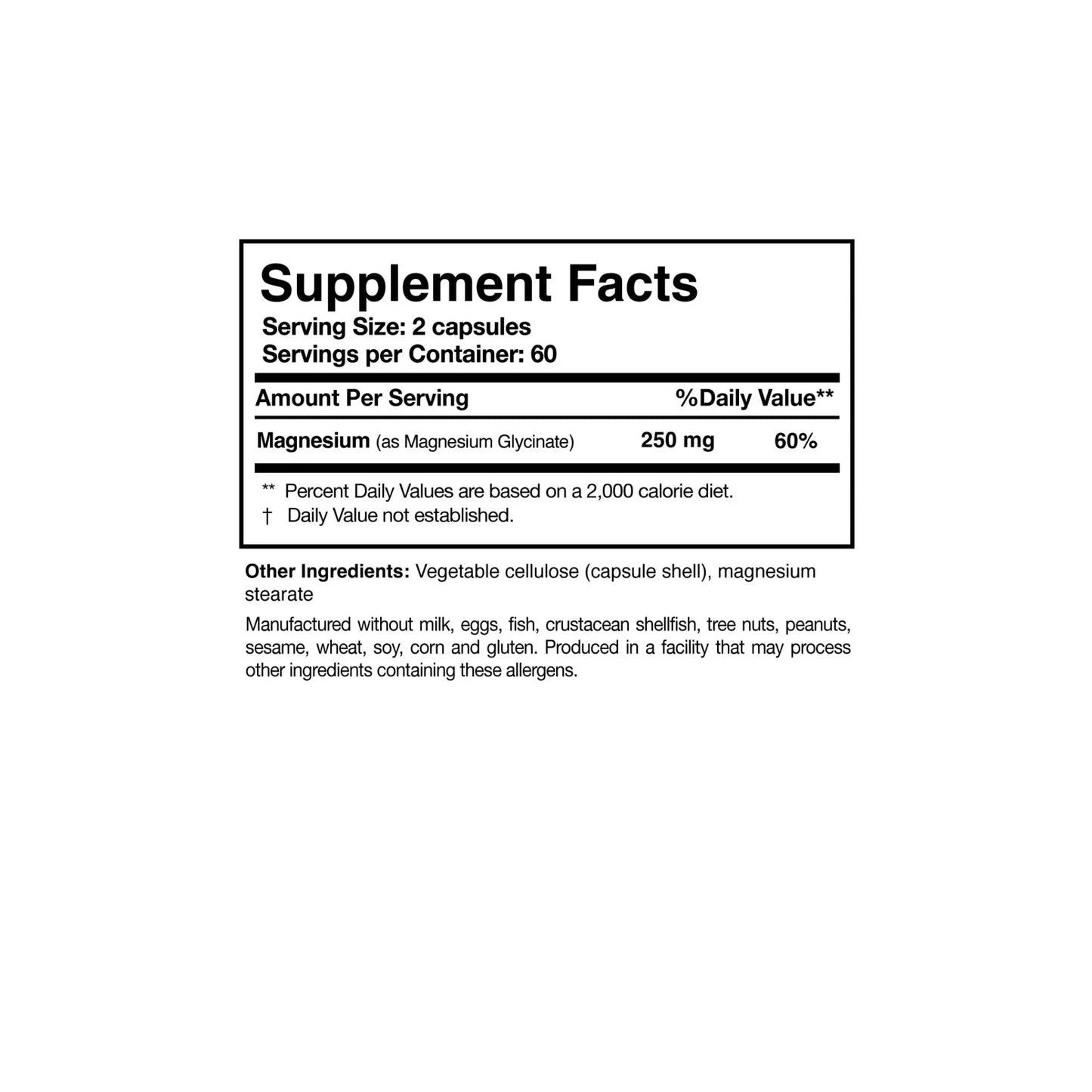 Close up of the Magnesium Glycinate supplement facts label detailing the elemental magnesium dosage and pure bisglycinate chelate structure