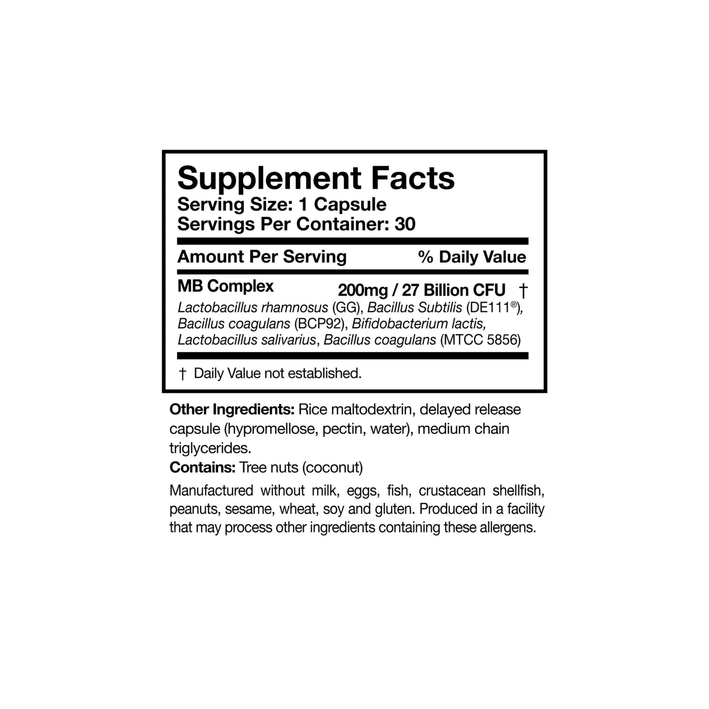 Multi-Biome supplement facts label detailing the MB Complex and 27 billion CFU probiotic strain profiles