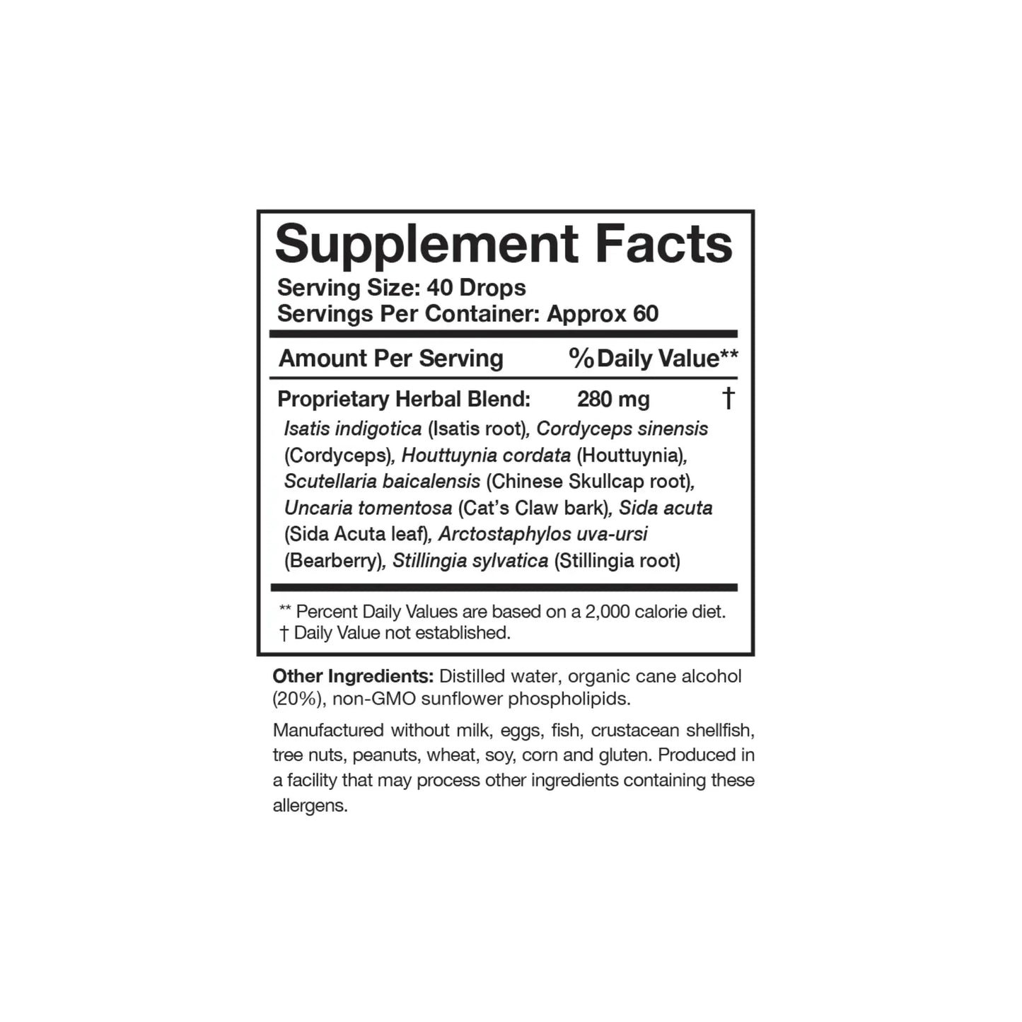 Close up of the Myc P label detailing the targeted herbal matrix including cryptolepis isatis sarsaparilla and cat claw extract