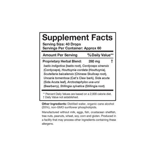 Close up of the Myc P label detailing the targeted herbal matrix including cryptolepis isatis sarsaparilla and cat claw extract