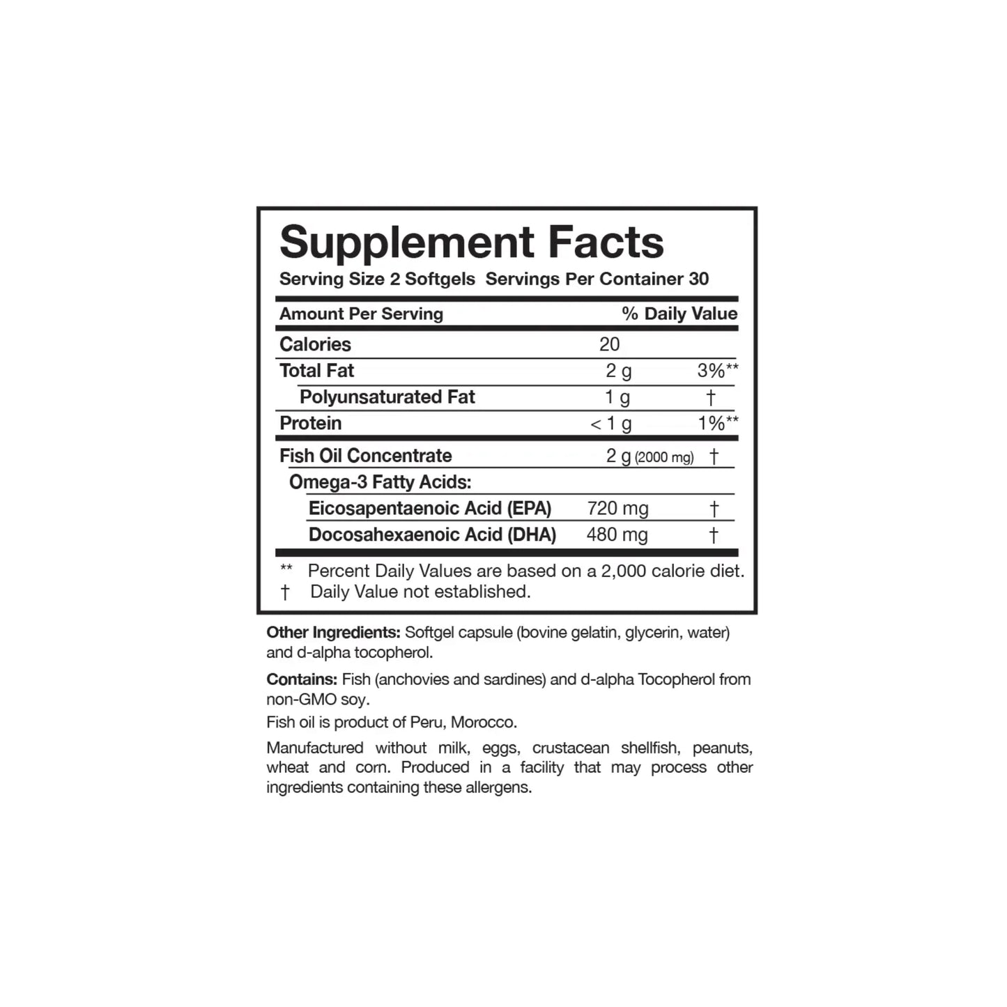 Close up of the Omega 3 Plus label detailing the exact milligrams of purified omega 3 fish oil concentrate per serving