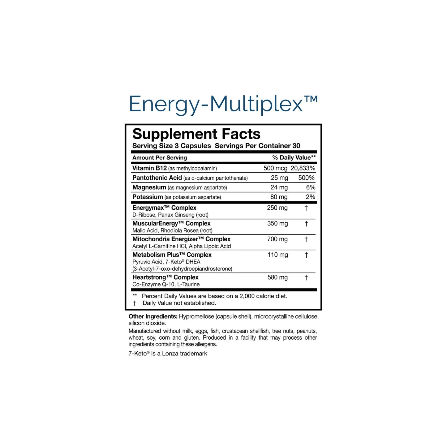 Close up of the Energy-Multiplex nutrition facts labels detailing the comprehensive mitochondrial phospholipid matrix and adrenal adaptogen blend