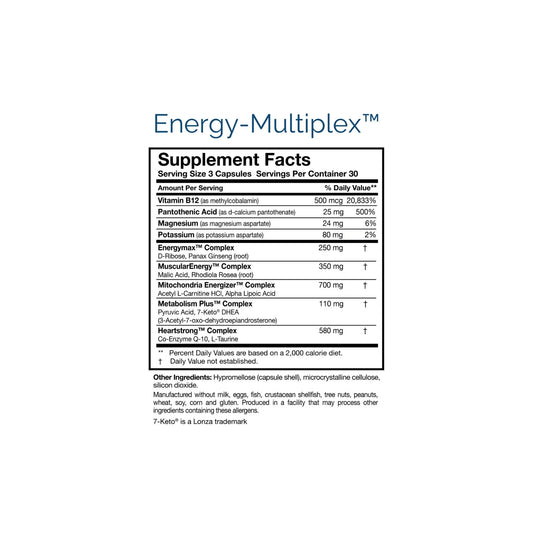 Close up of the Energy-Multiplex nutrition facts labels detailing the comprehensive mitochondrial phospholipid matrix and adrenal adaptogen blend