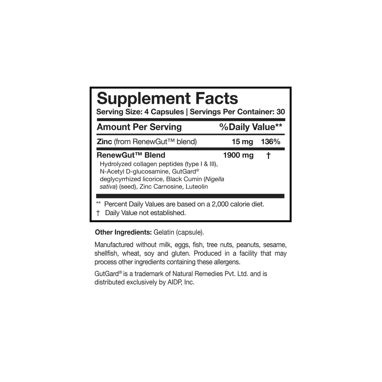 Close up of the RenewGut supplement facts label detailing the Tight Junction Enhancer and Mast Cell Manager nutrient blends
