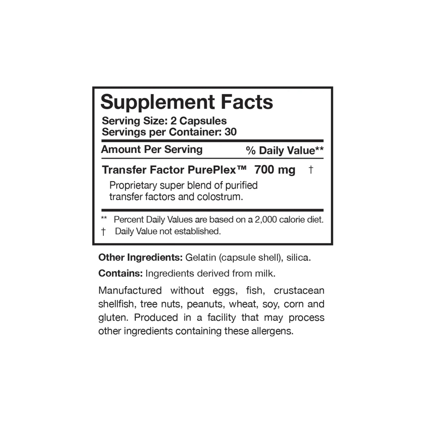 Close up of the Transfer Factor Sensitive label detailing the seven hundred milligrams of the proprietary Transfer Factor PurePlex super blend