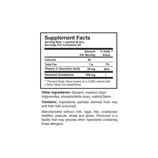 Close up of the Tri Fortify packet supplement facts label detailing the liposomal glutathione and vitamin C content and heat stable formula details