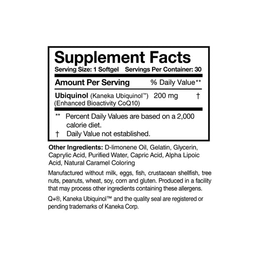 Close up of the Ubiquinol Super 200 label detailing the two hundred milligrams of Kaneka Ubiquinol along with d limonene oil and alpha lipoic acid ingredients