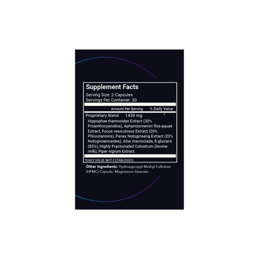 Supplement Facts label for STEMREGEN Release showing natural ingredients including AFA extract, sea buckthorn, aloe macroclada, and fucoidan for stem cell support