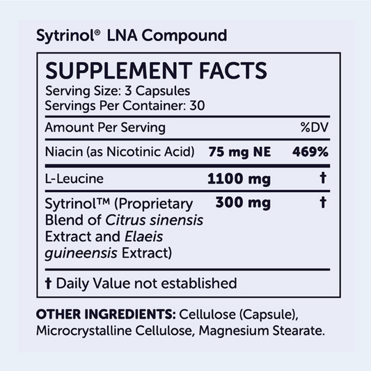 The ingredients on a bottle of Sytrinol LNA