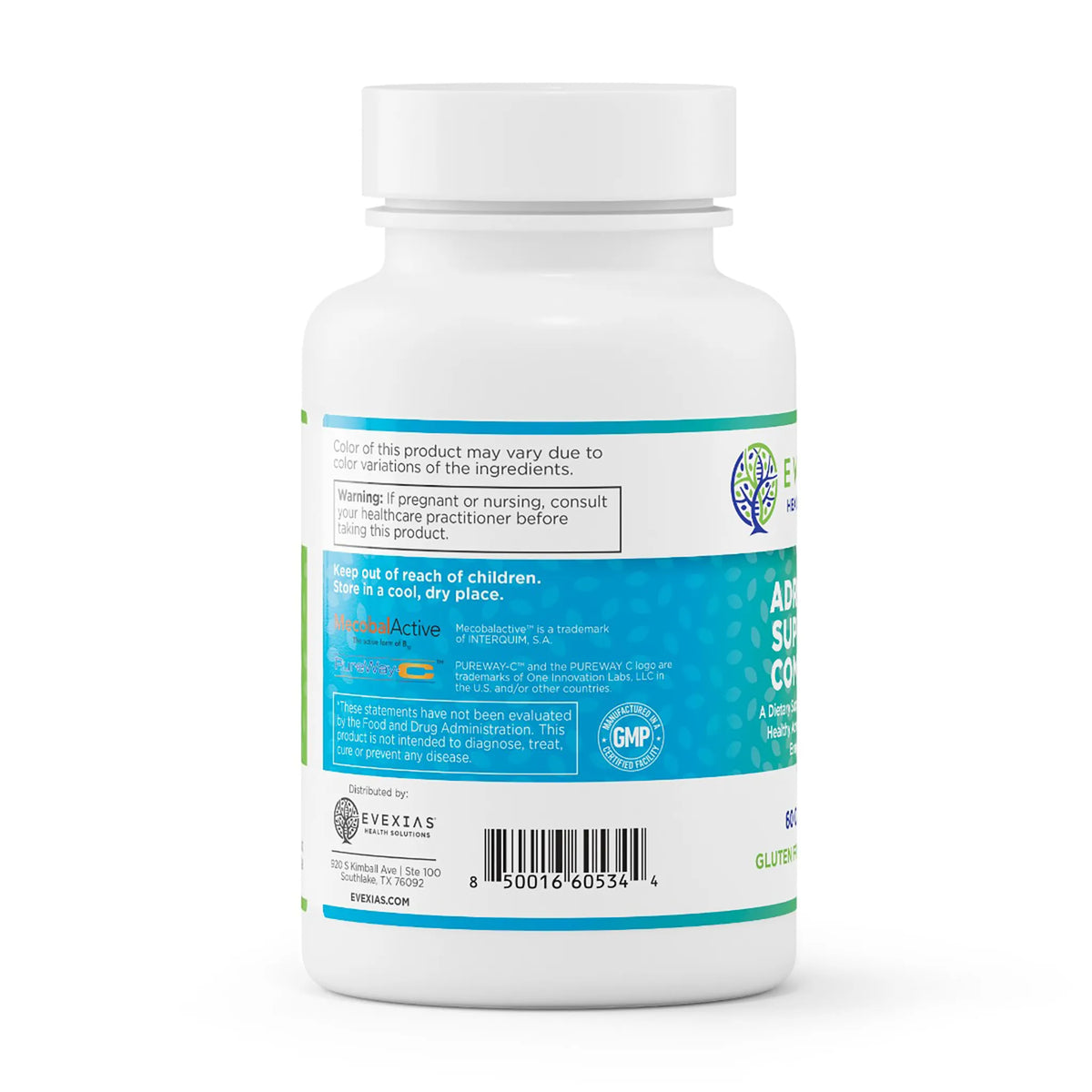 evexias health adrenal support complex bottle information label