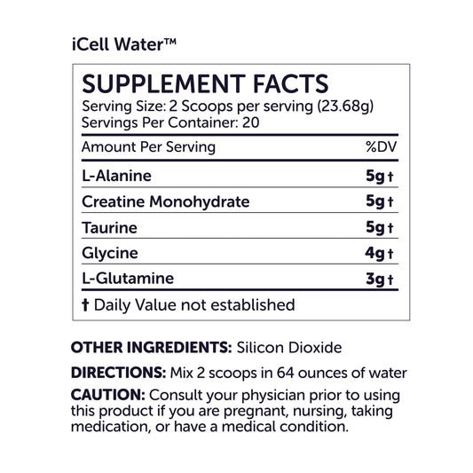 Supplement label for iCell Water with creatine and taurine.