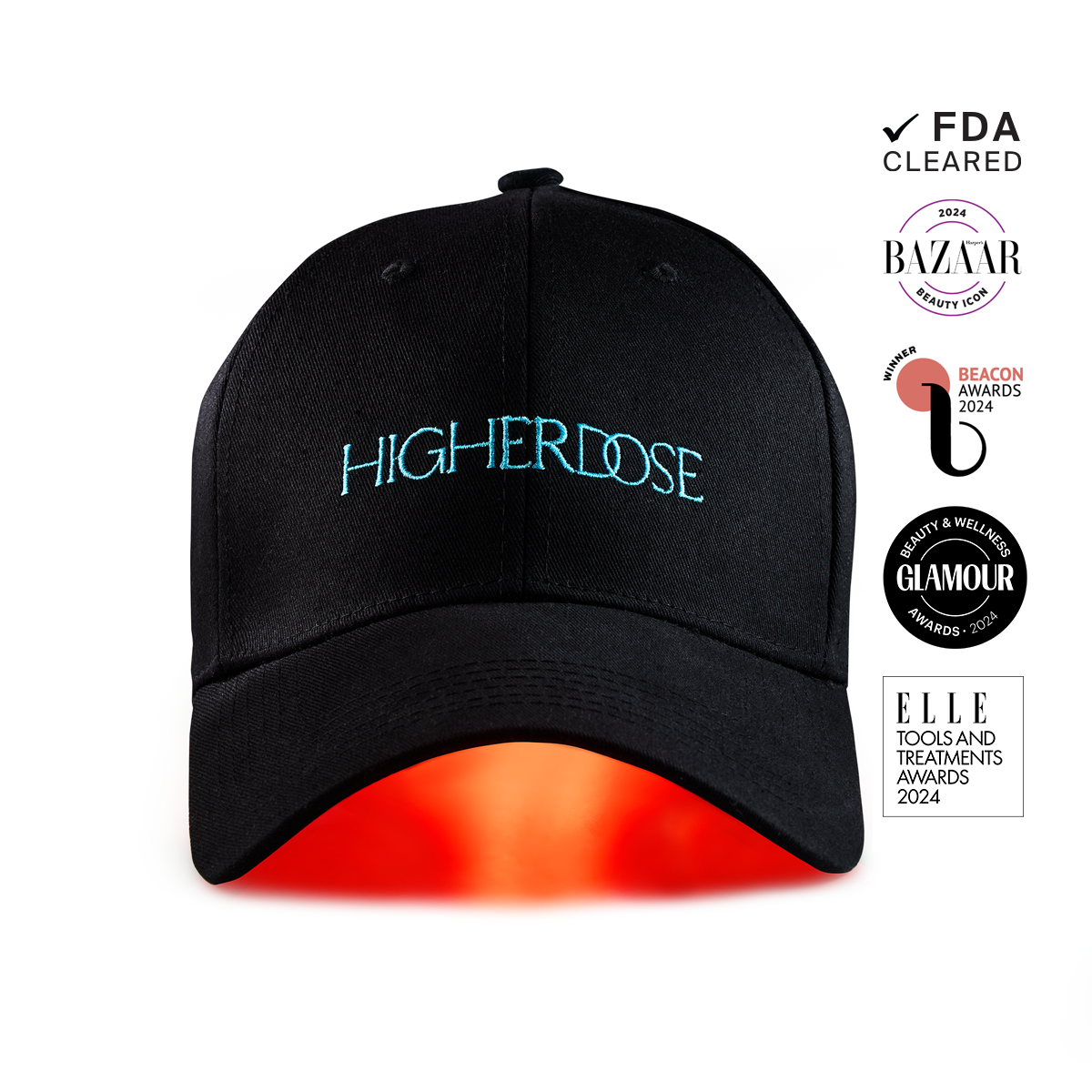 Black Higherdose Red Light Hat with blue logo and glowing red light therapy underbrim, FDA cleared hair growth technology, and award badges.