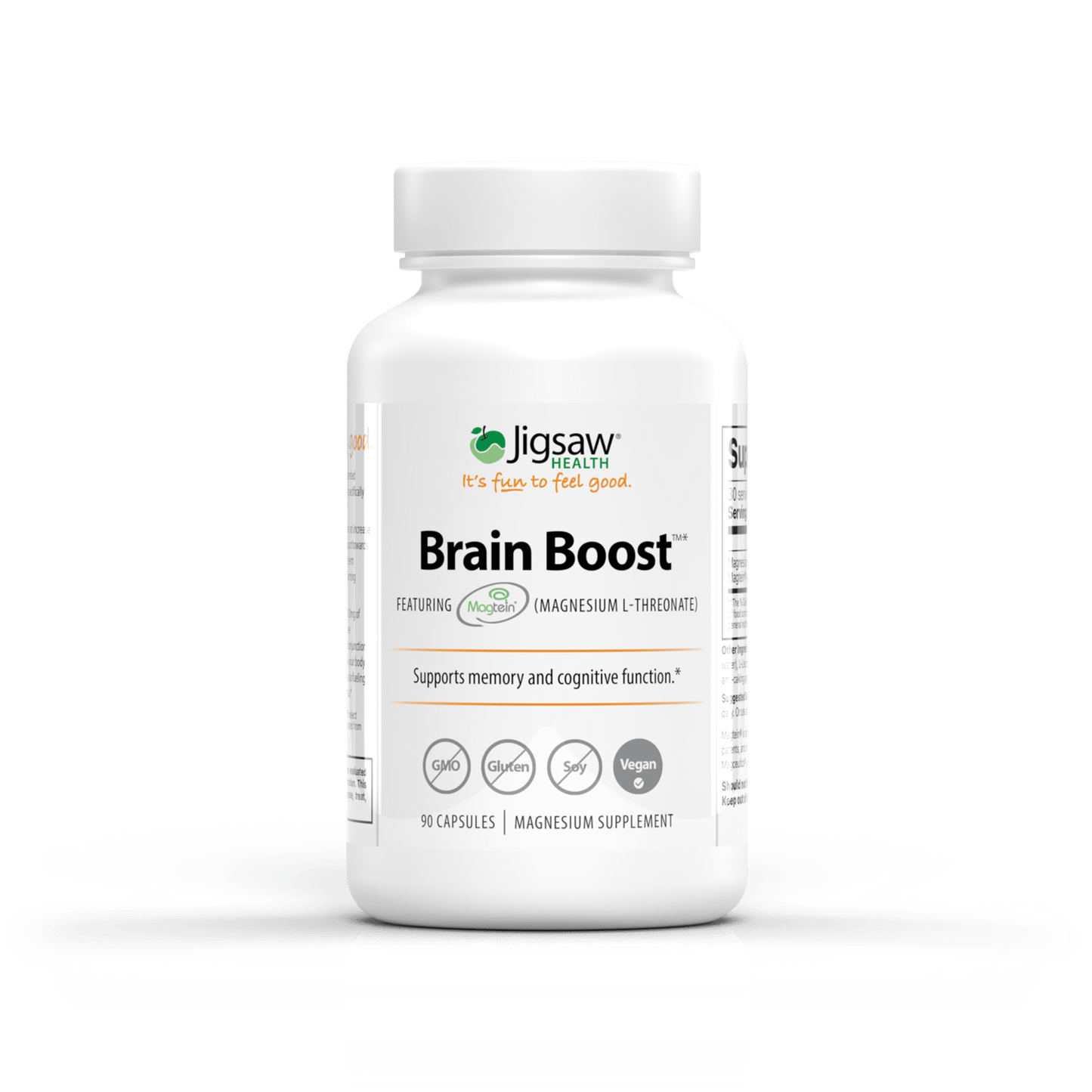 Bottle of Jigsaw Brain Boost magnesium supplement supporting memory and cognitive function.