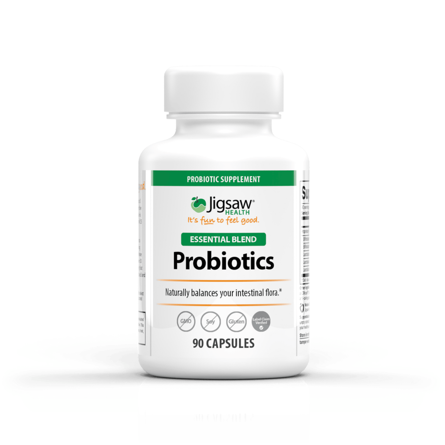 Jigsaw Probiotics Essential Blend supplement bottle with 90 capsules for digestive and immune health support