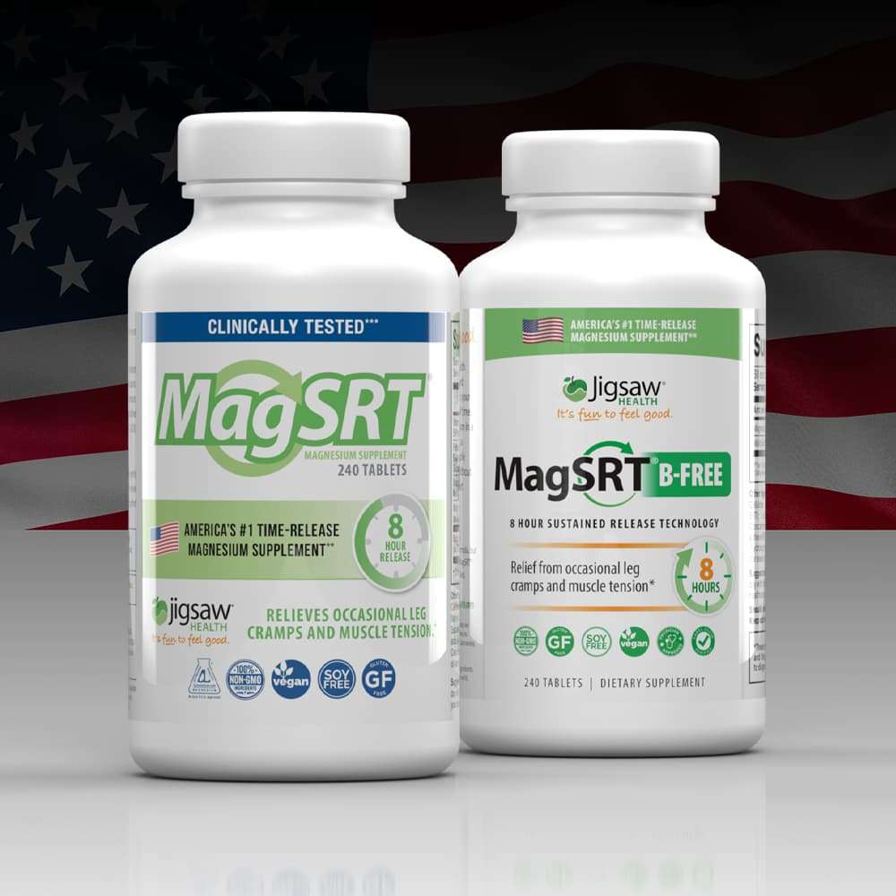 Jigsaw Magnesium w/SRT® time-release magnesium supplement bottles, original and B-Free formula, against American flag background.